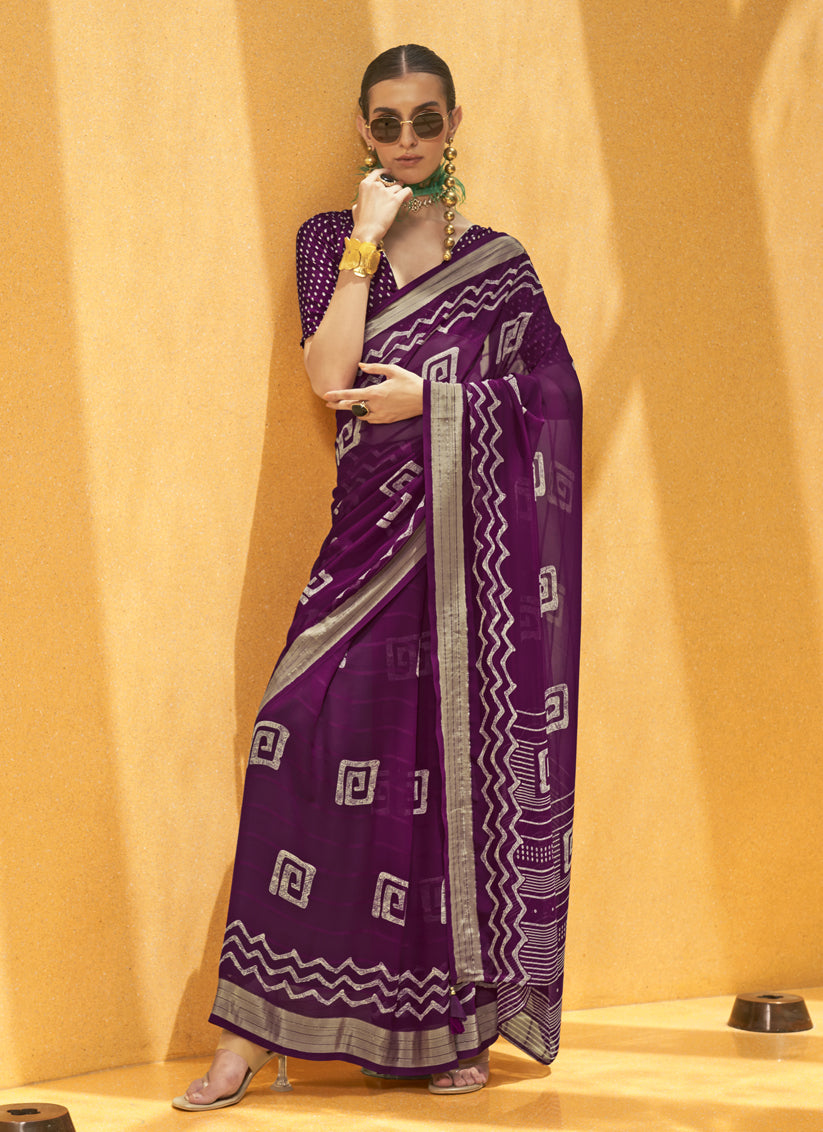 Wine Georgette Foil Print Saree For Festival