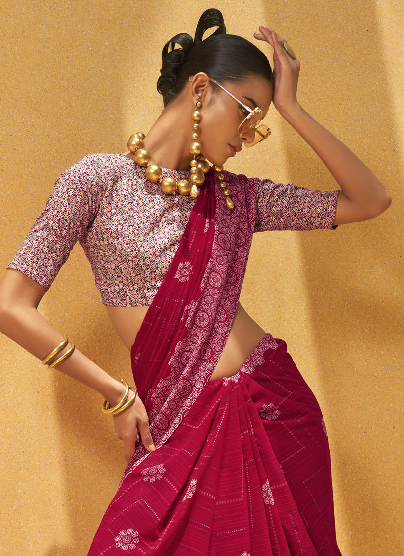 Fuchsia Georgette Foil Print Saree For Festival