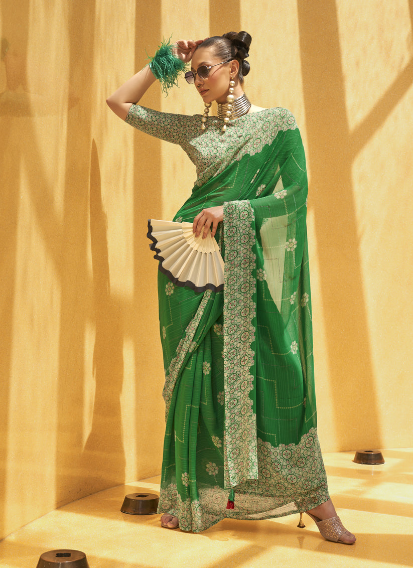 Kelly Green Georgette Foil Print Saree For Festival