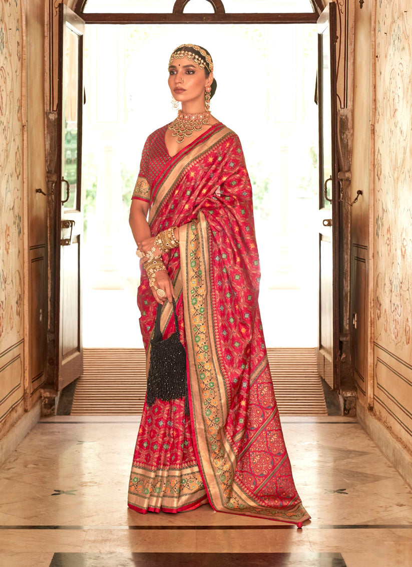 Gajari Pink Gold Print Silk Saree for Festival