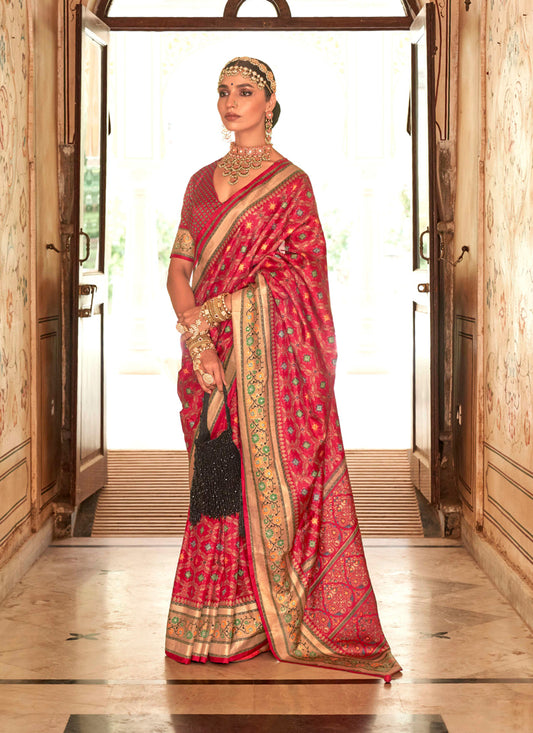 Gajari Pink Gold Print Silk Saree for Festival