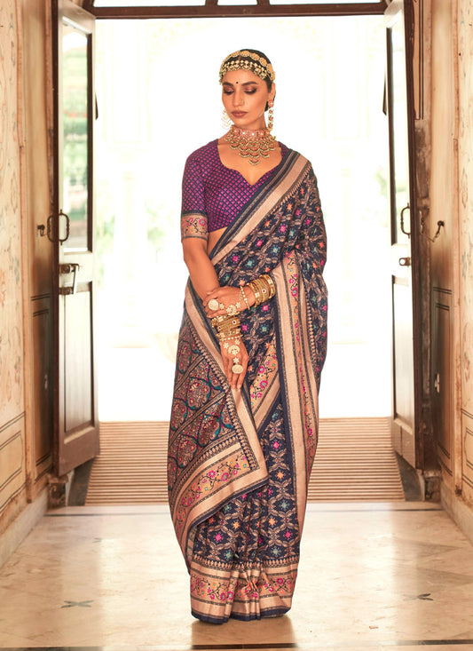 Midnight Blue Gold Print Silk Saree for Ceremonial