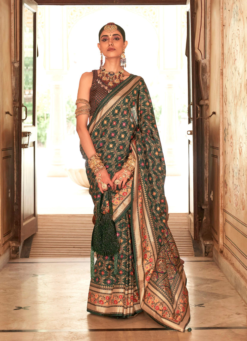 Pine Green Gold Print Silk Saree for Festival