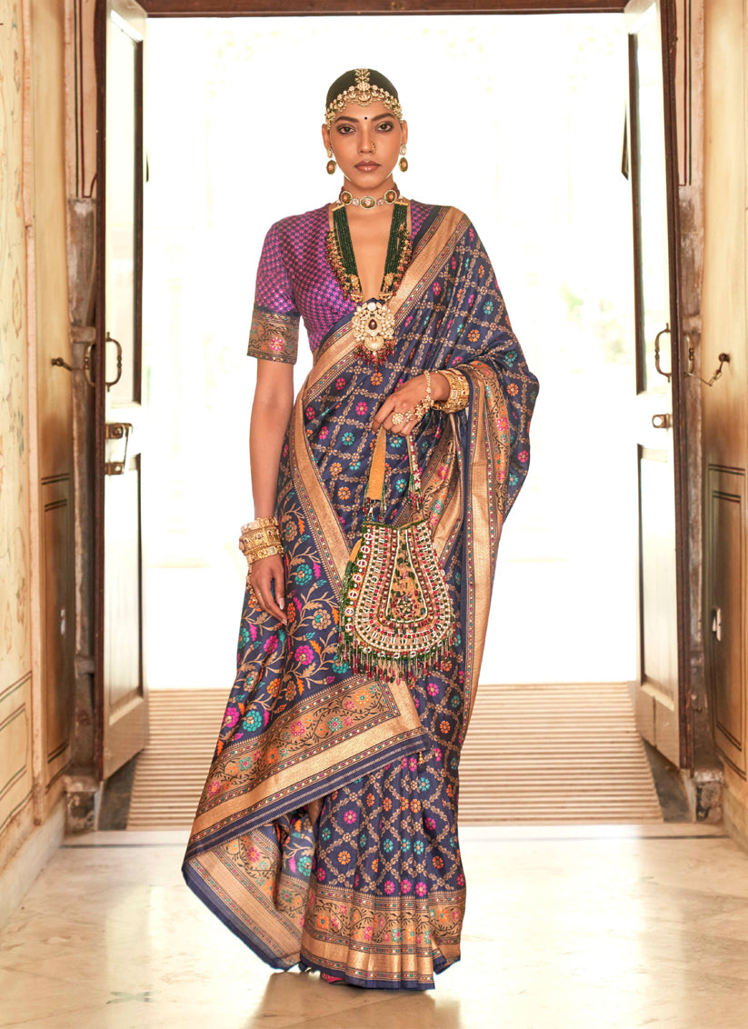 Navy Blue Gold Print Silk Saree for Ceremonial