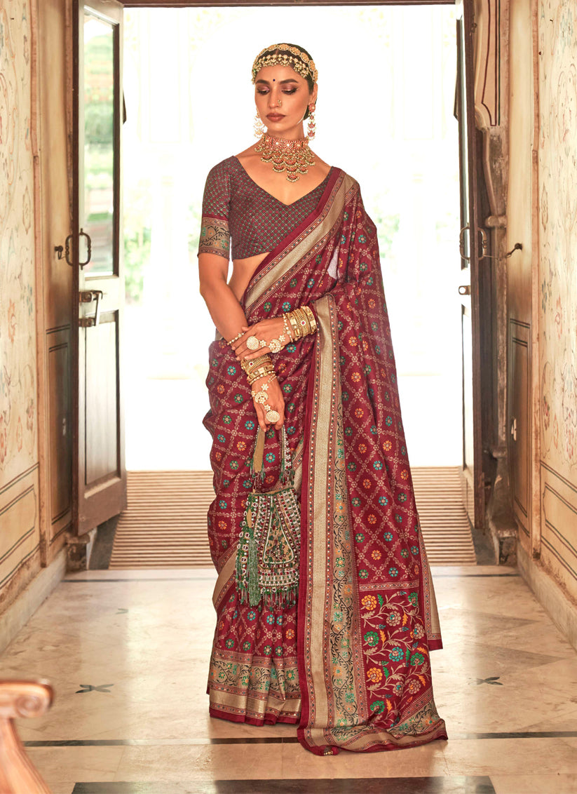 Maroon Gold Print Silk Saree for Ceremonial