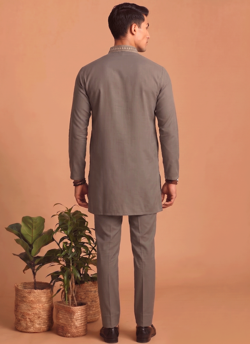 Taupe Grey Embroidered Men's Kurta Set for Festive Wear