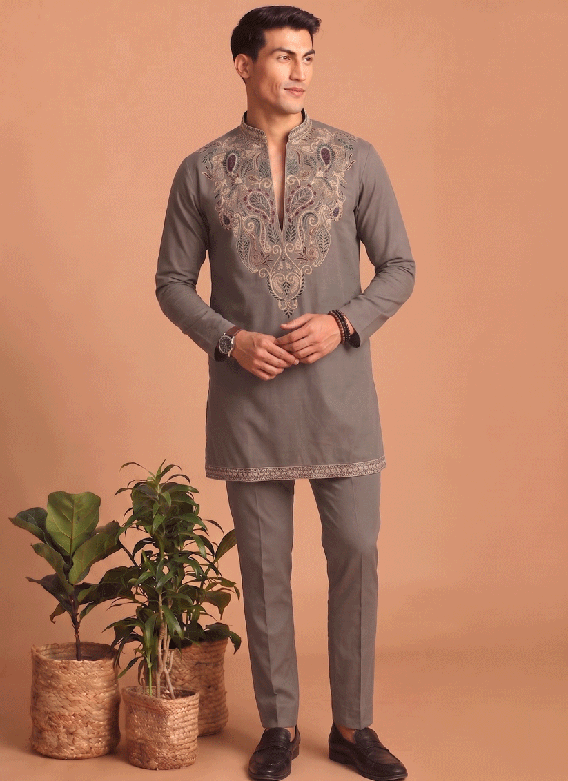 Taupe Grey Embroidered Men's Kurta Set for Festive Wear