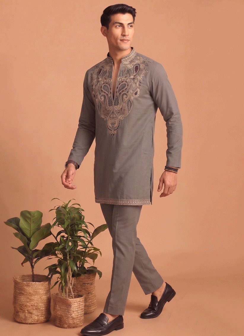 Taupe Grey Embroidered Men's Kurta Set for Festive Wear