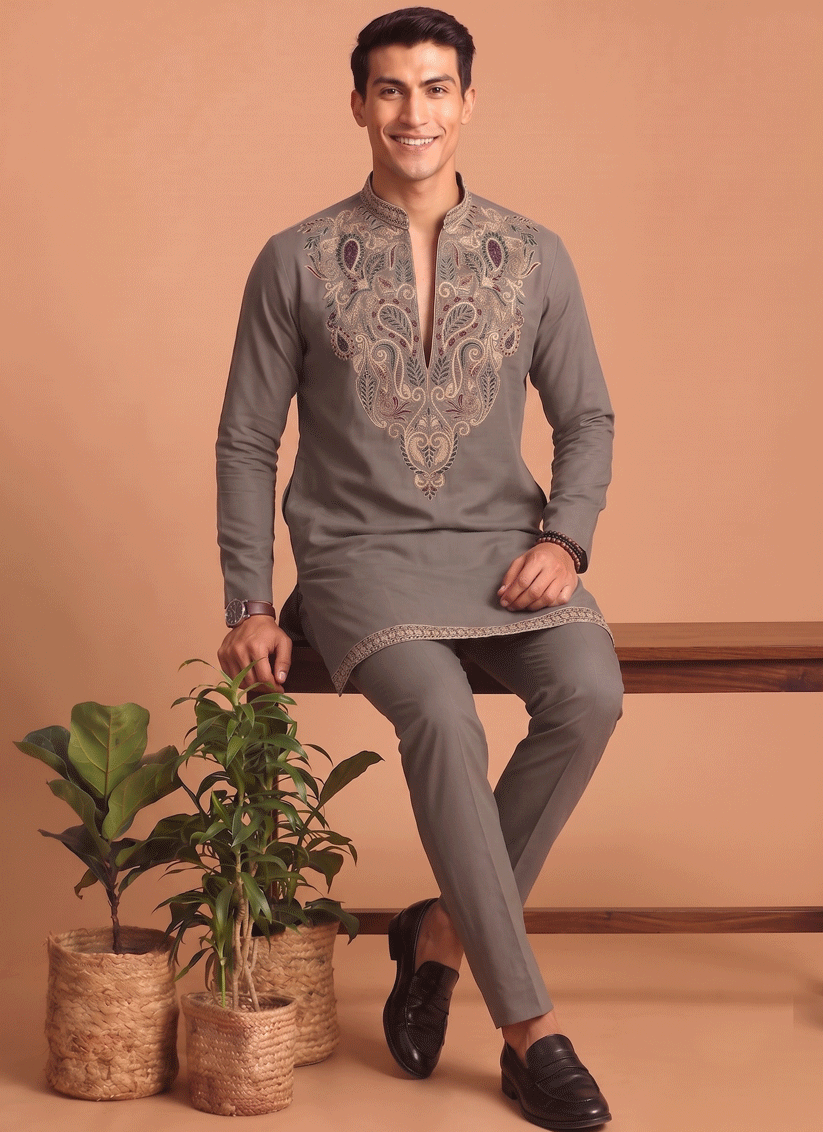Taupe Grey Embroidered Men's Kurta Set for Festive Wear