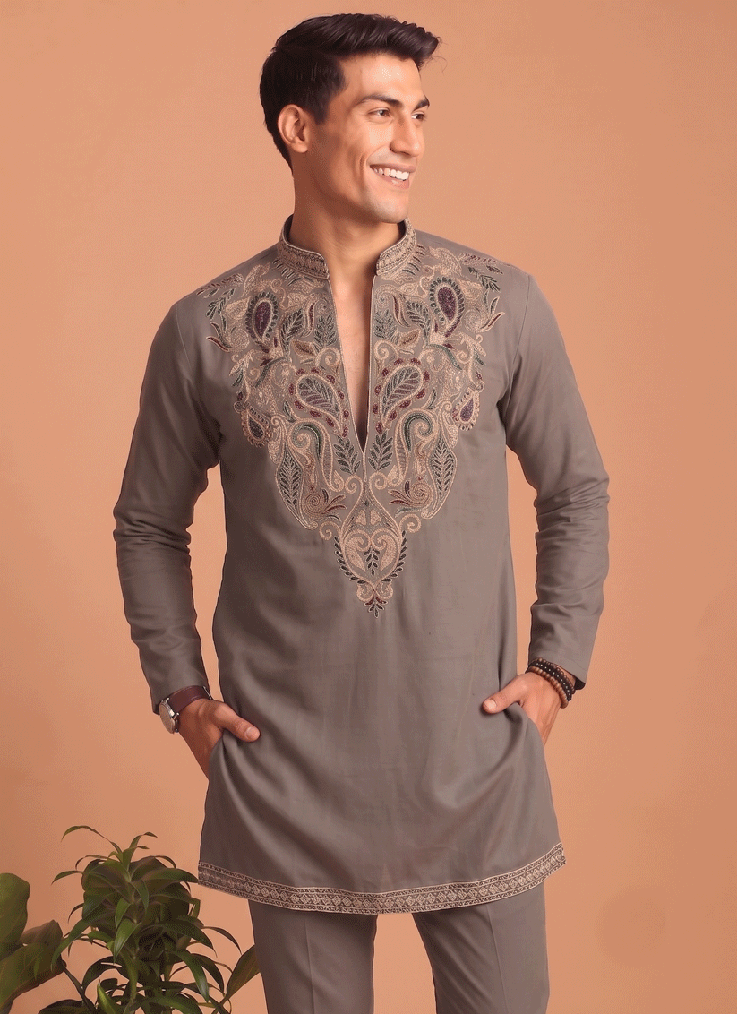Taupe Grey Embroidered Men's Kurta Set for Festive Wear