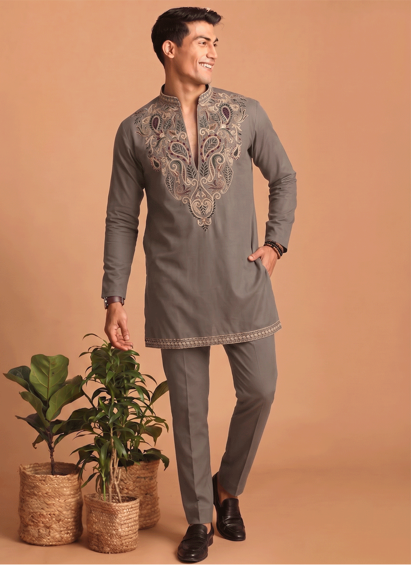 Taupe Grey Embroidered Men's Kurta Set for Festive Wear