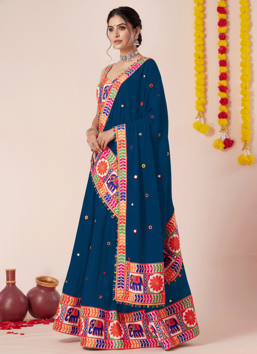 Teal Blue Navratri Special Embroidered Mirror Work Chaniya Choli