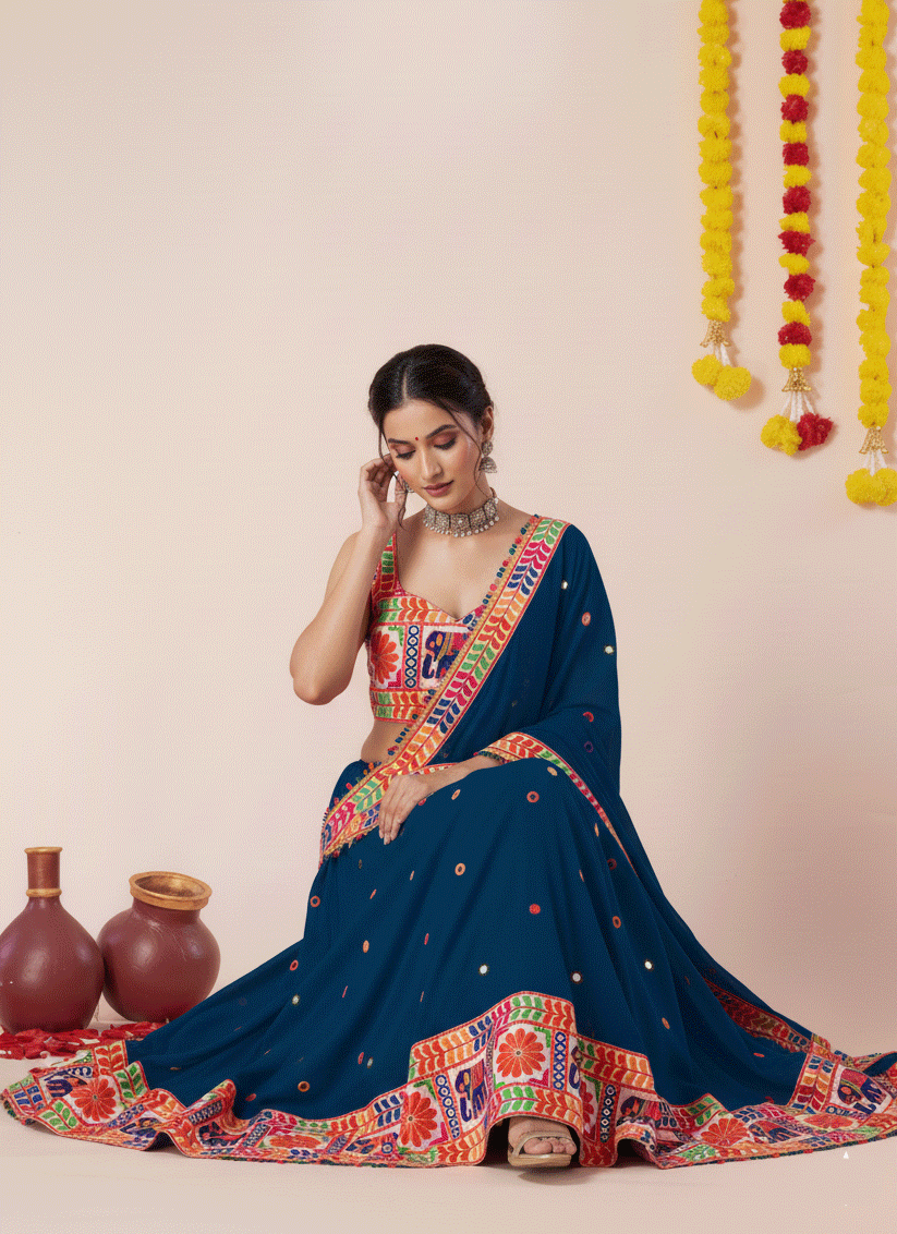 Teal Blue Navratri Special Embroidered Mirror Work Chaniya Choli
