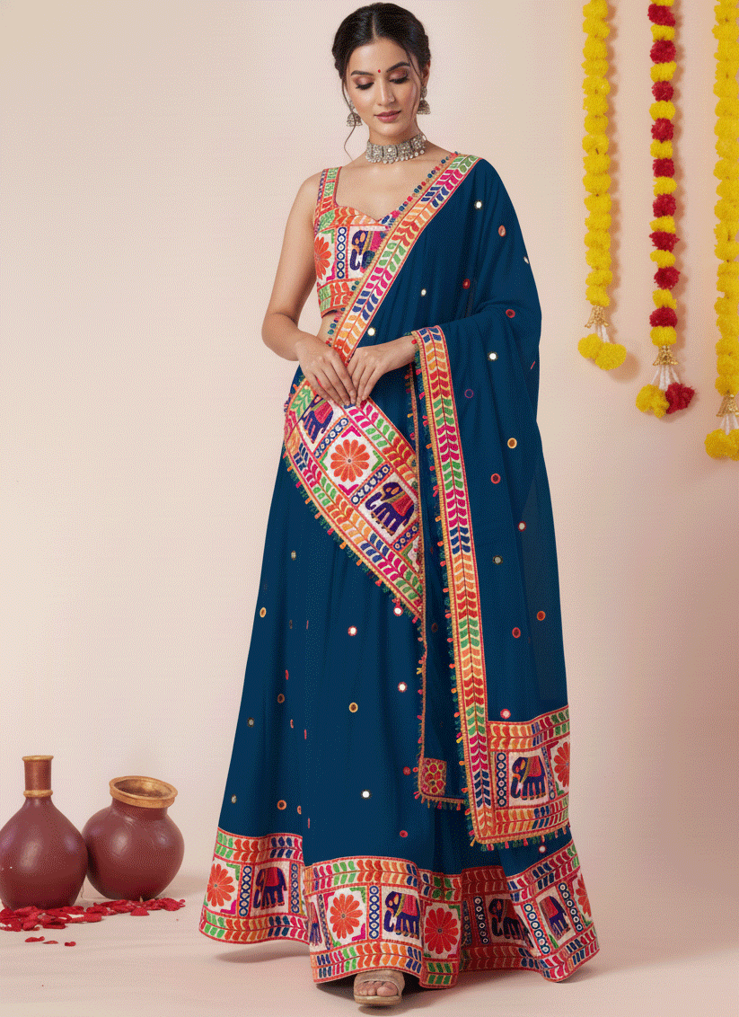 Teal Blue Navratri Special Embroidered Mirror Work Chaniya Choli