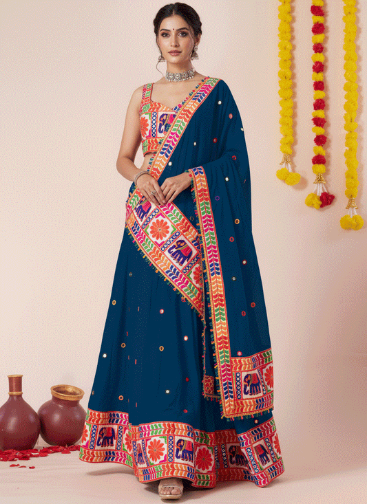 Teal Blue Navratri Special Embroidered Mirror Work Chaniya Choli