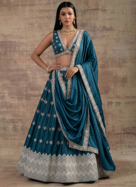 Teal Premium Satin Silk Traditional Lehenga with Zari & Sequins