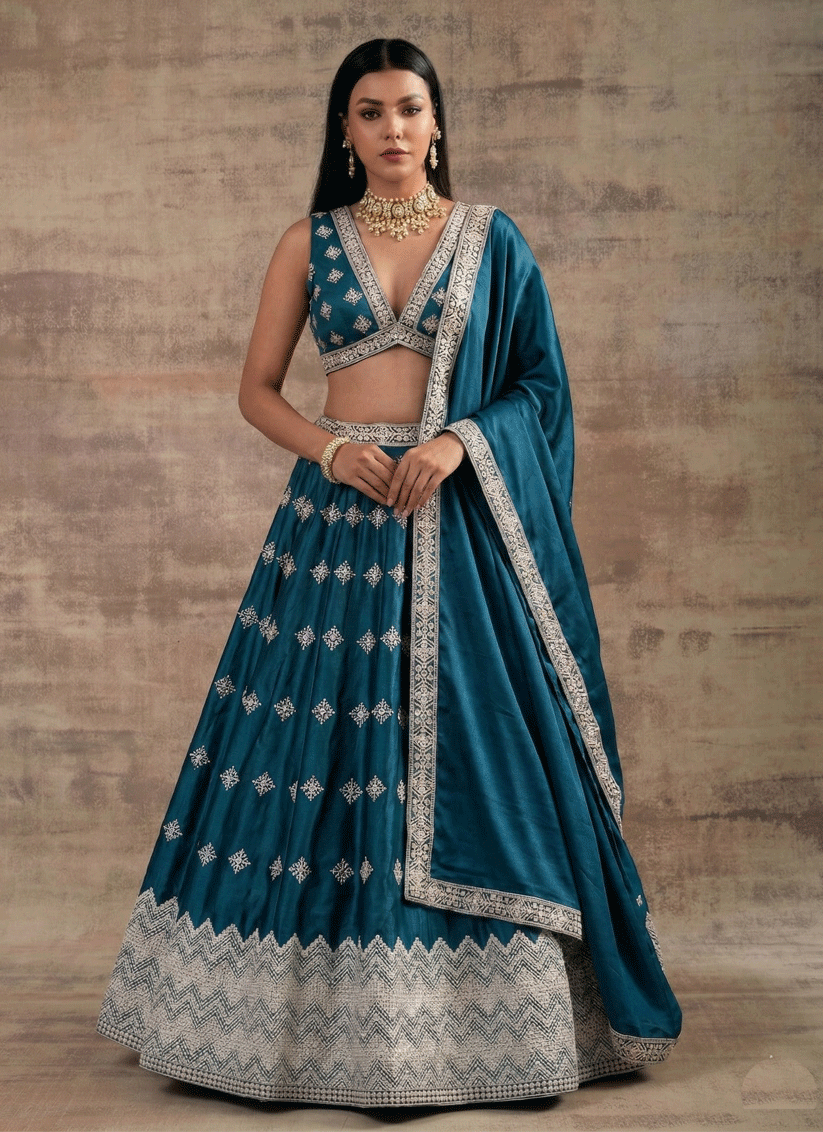 Teal Premium Satin Silk Traditional Lehenga with Zari & Sequins
