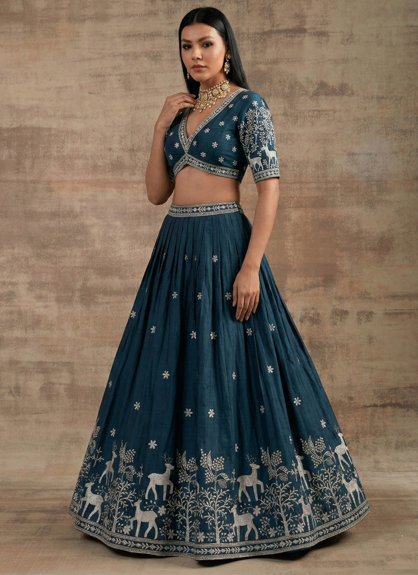 Teal Satin Silk Embroidered Lehenga Choli for Women