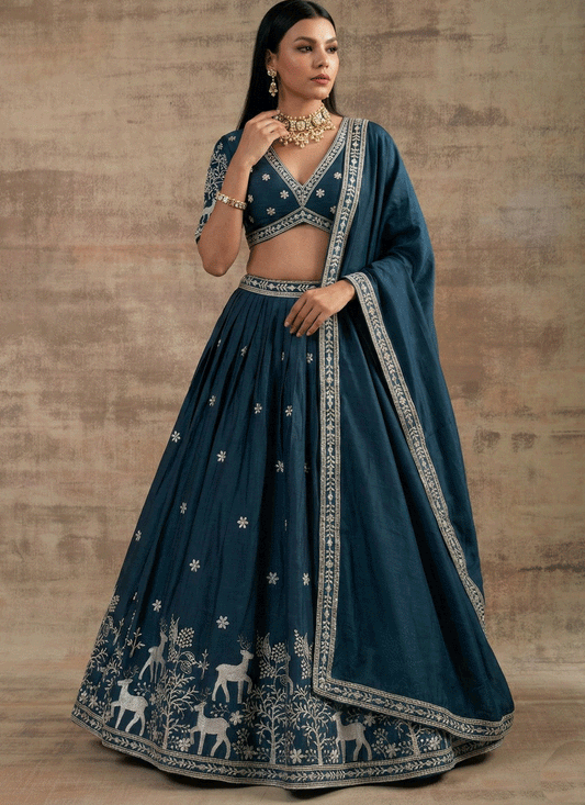 Teal Satin Silk Embroidered Lehenga Choli for Women
