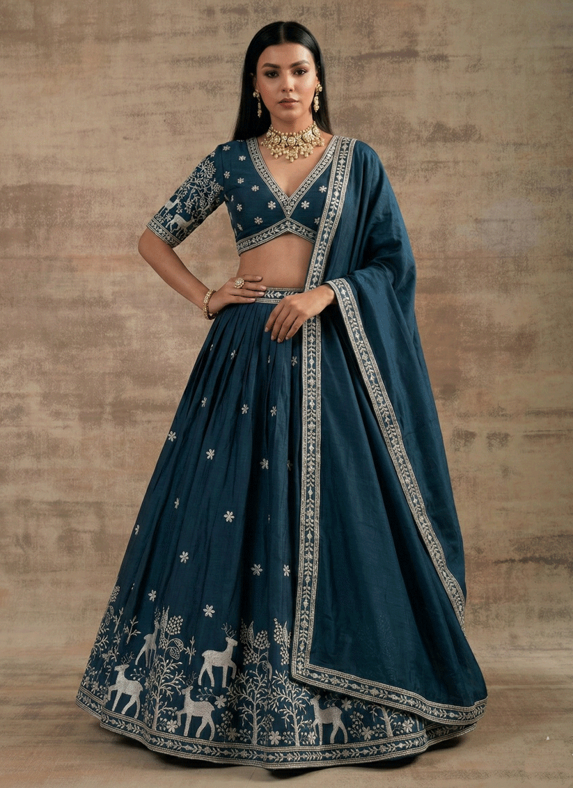 Teal Satin Silk Embroidered Lehenga Choli for Women