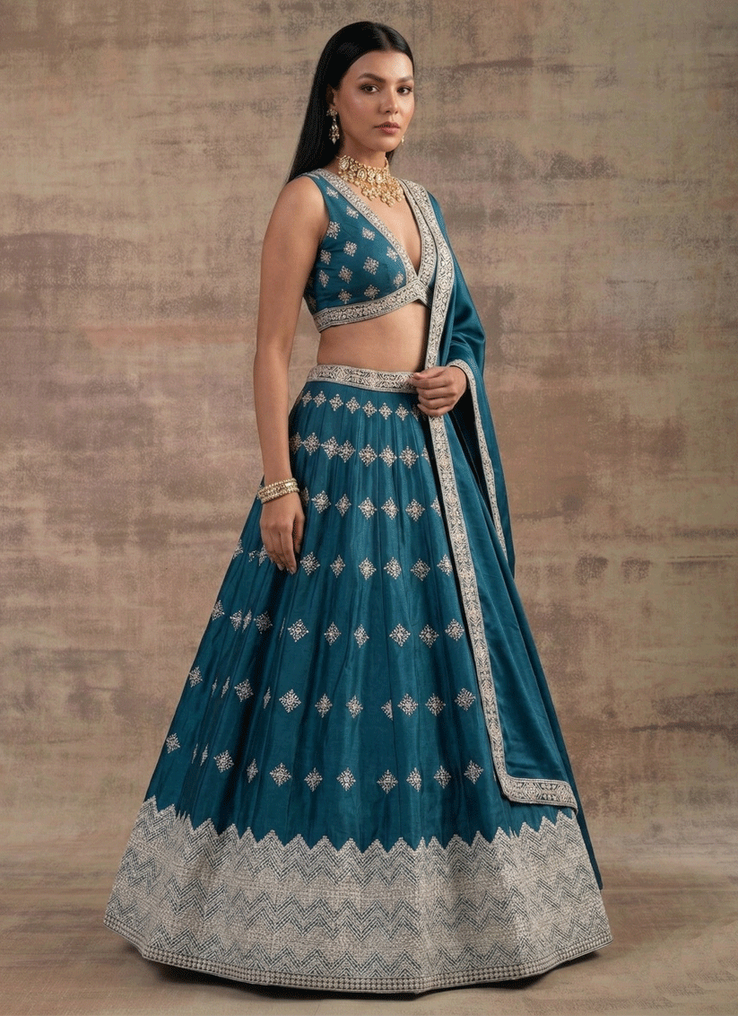 Teal Premium Satin Silk Traditional Lehenga with Zari & Sequins
