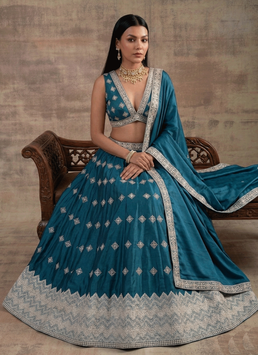Teal Premium Satin Silk Traditional Lehenga with Zari & Sequins