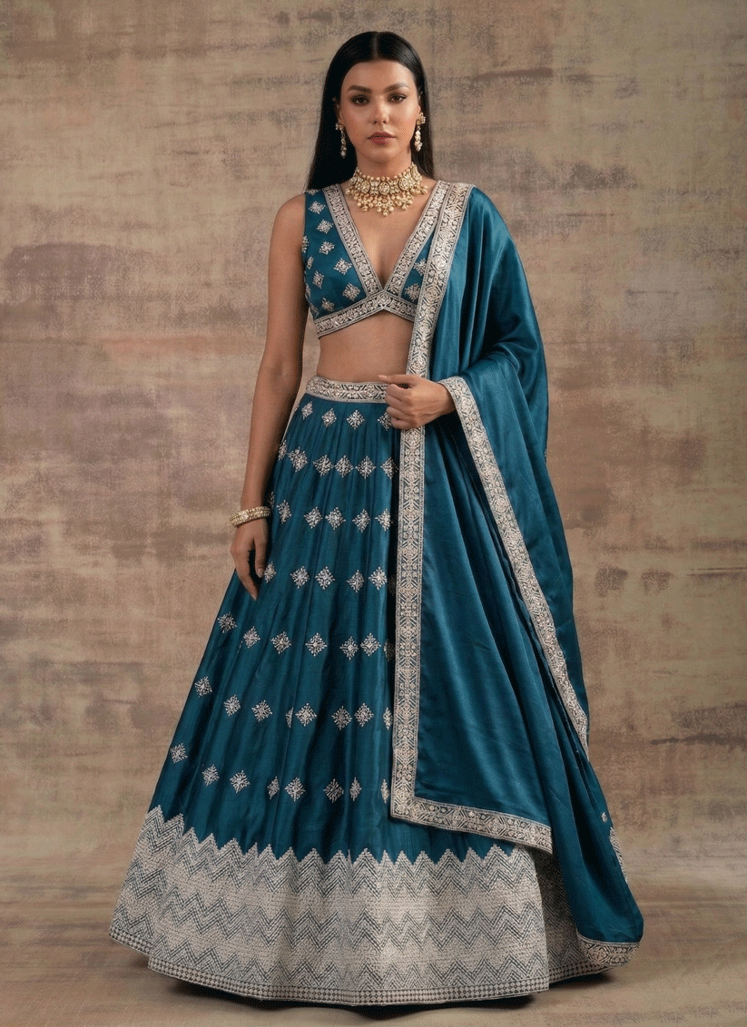 Teal Premium Satin Silk Traditional Lehenga with Zari & Sequins