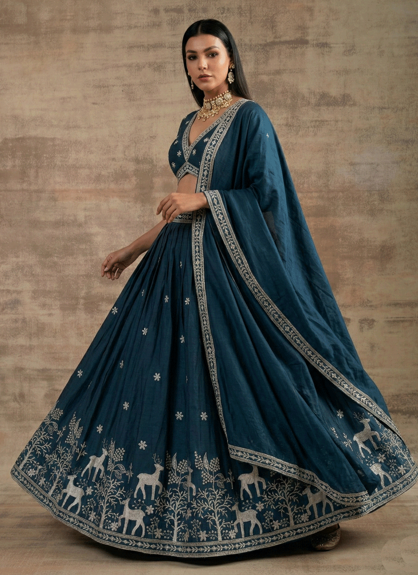 Teal Satin Silk Embroidered Lehenga Choli for Women