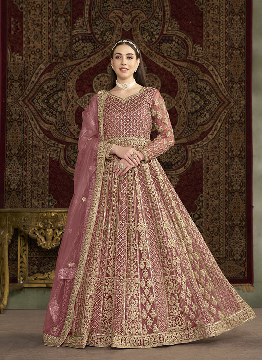 Pink Sequins & Embroidered Net Anarkali Suit