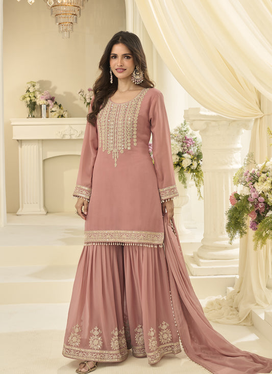 Rose Pink Georgette Sharara Suit with Zari Embroidery – Elegant Festive Wear for Women