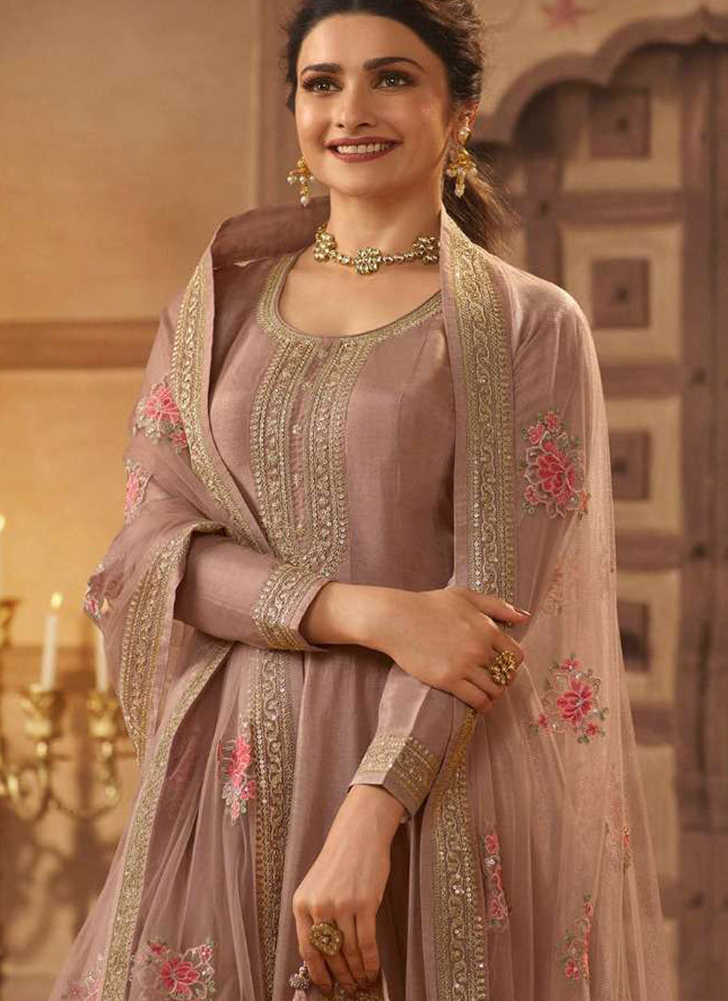 Prachi Desai Rose Gold Dola Silk Embroidered Anarkali Suit
