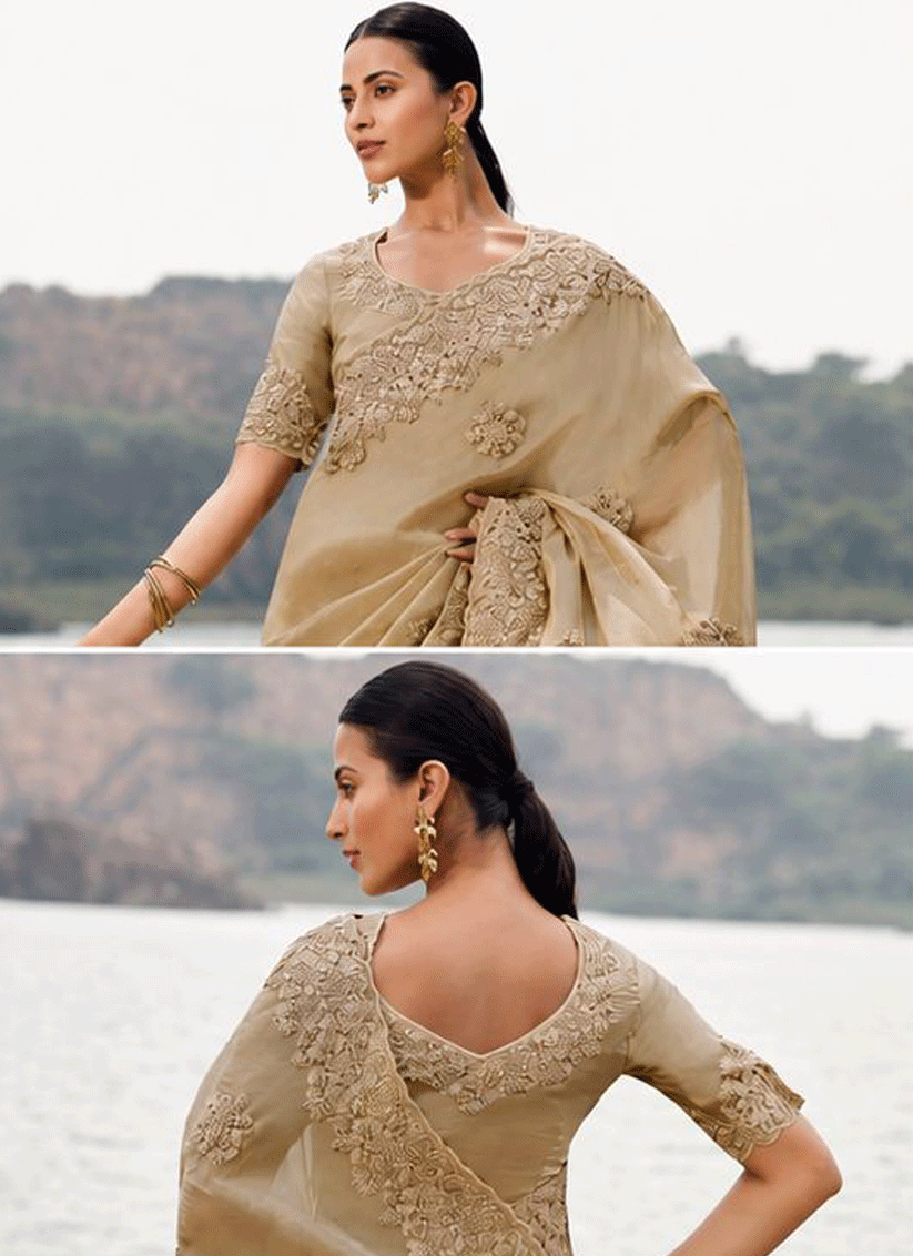 Beige Designer Silk Saree with Elegant Embroidery & Heavy Border Blouse Set