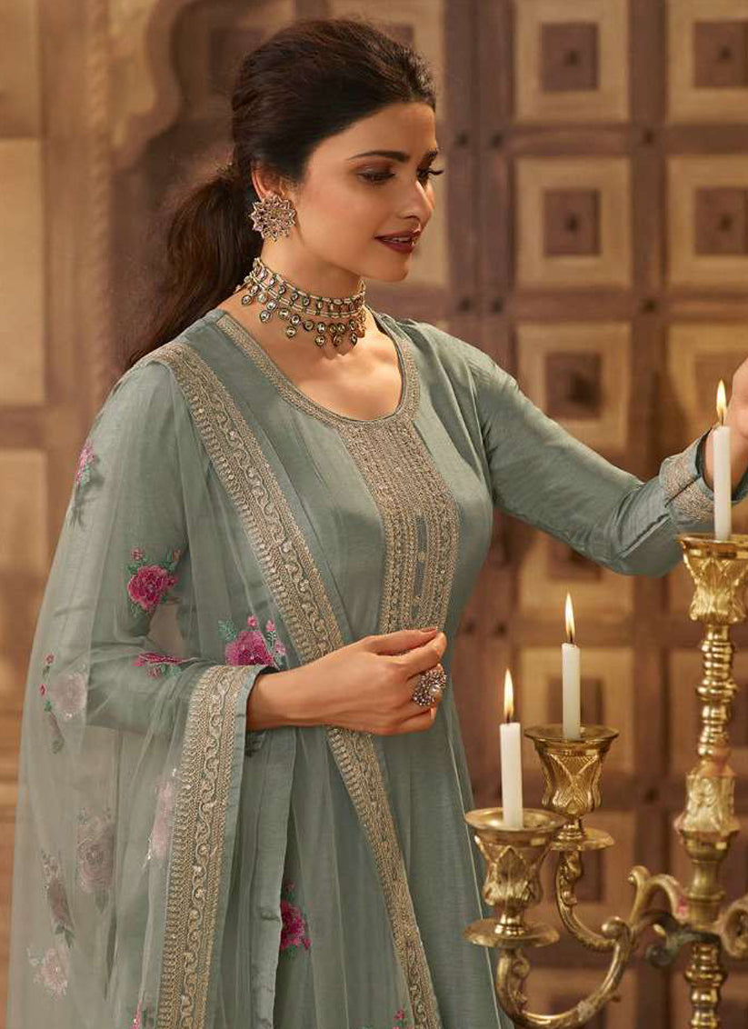 Prachi Desai Ash Grey Dola Silk Embroidered Anarkali Suit