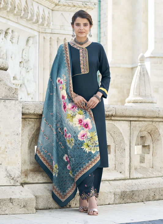 Peacock Blue Rayon Embroidered Pant Kameez