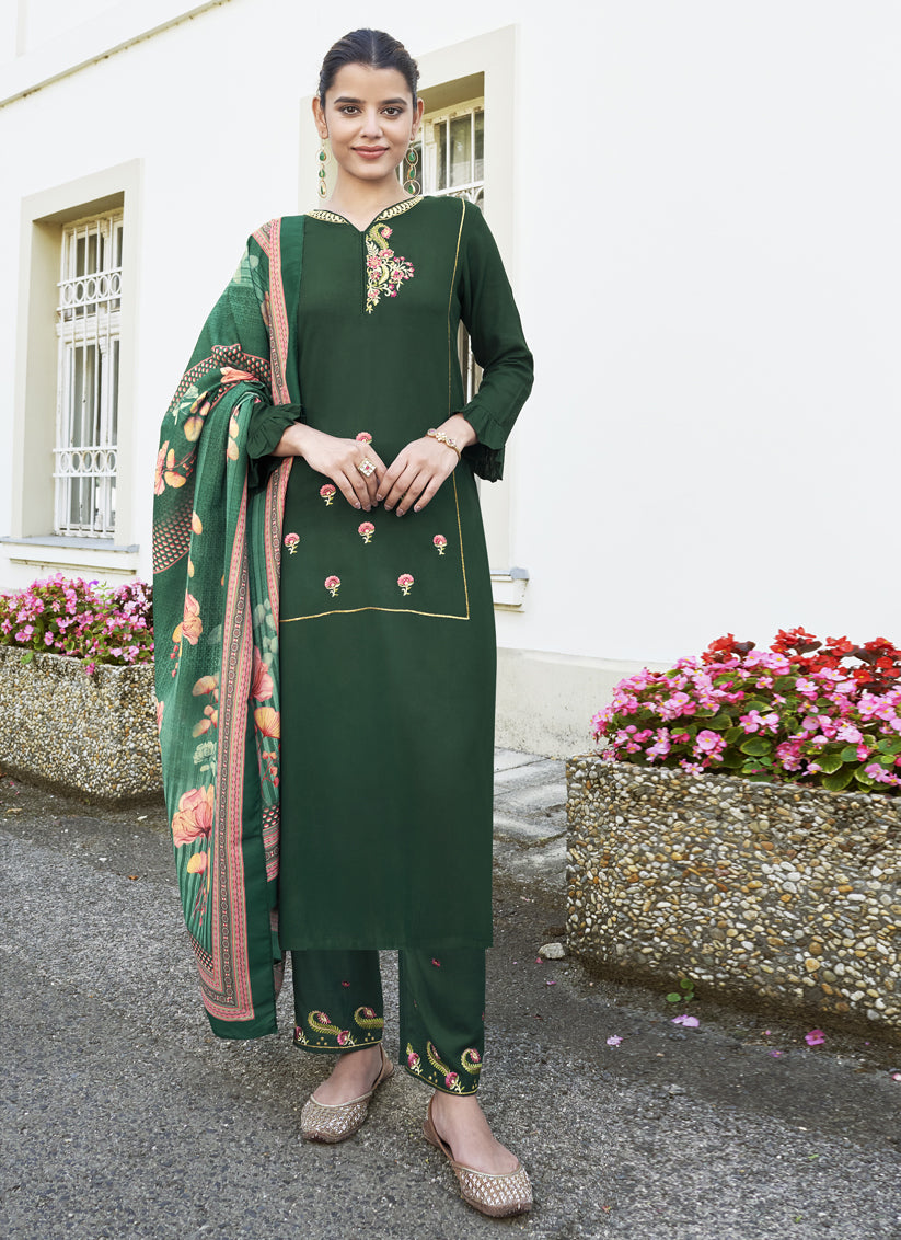 Bottle Green Rayon Embroidered Pant Kameez