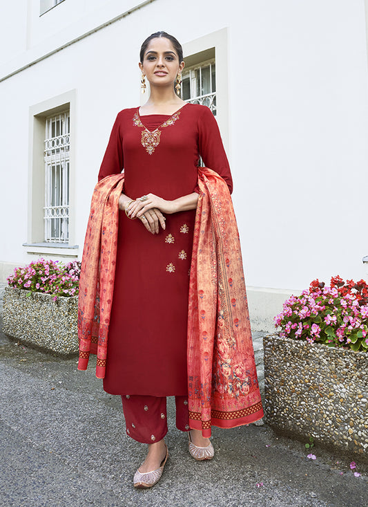 Red Heavy Rayon Trouser Kameez Suit