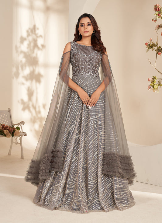 Grey Sequins Embroidered Anarkali Gown