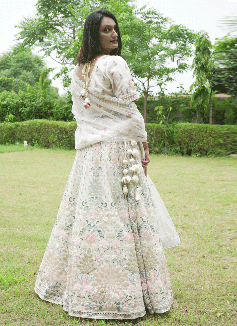 Ivory Net Heavy Thread Embroidered   Designer Lehenga Choli