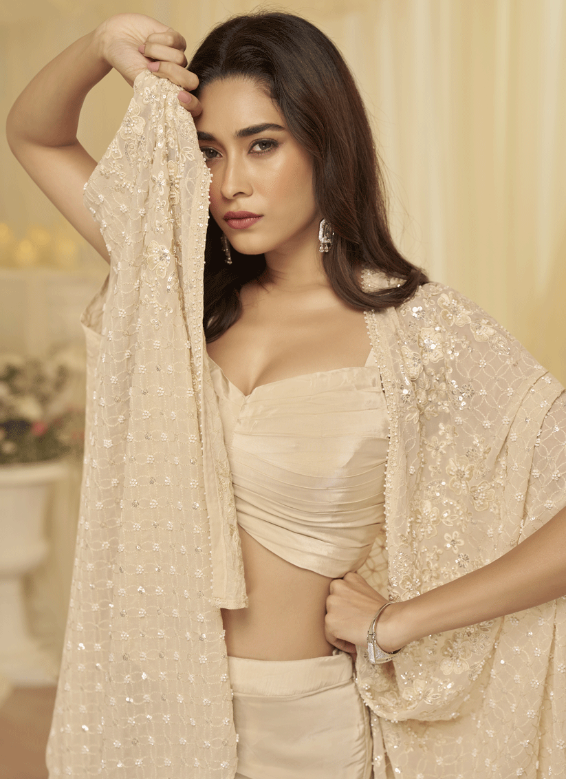 Beige Georgette Threadwork Sequins Embellished Wedding Wear Suit Indowestern