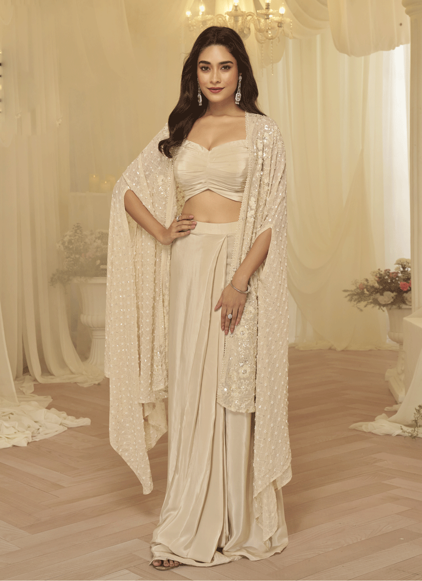 Beige Georgette Threadwork Sequins Embellished Wedding Wear Suit Indowestern