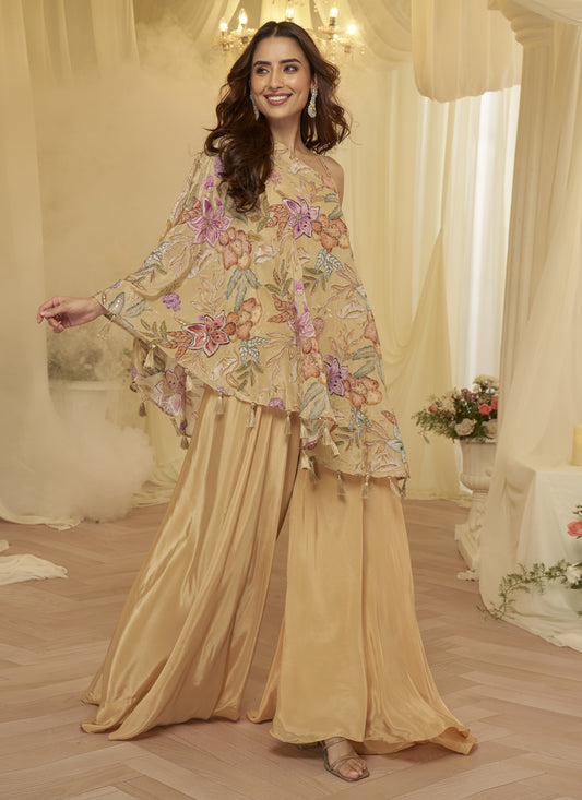 Graceful Beige Embroidered Designer Sharara Suit