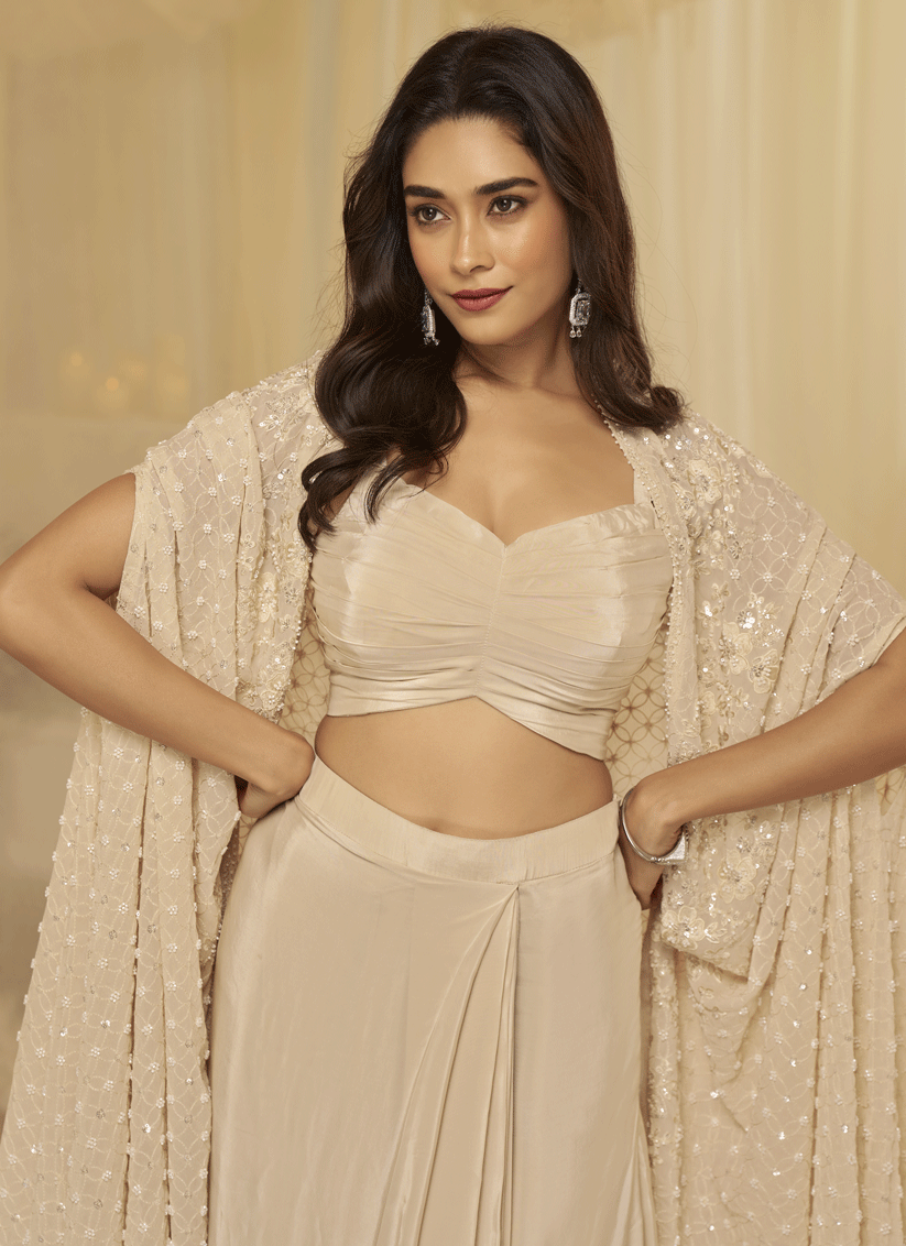 Beige Georgette Threadwork Sequins Embellished Wedding Wear Suit Indowestern