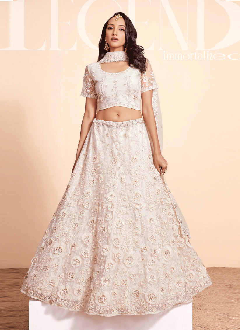 Cream Net Embroidered Designer Lehenga Choli