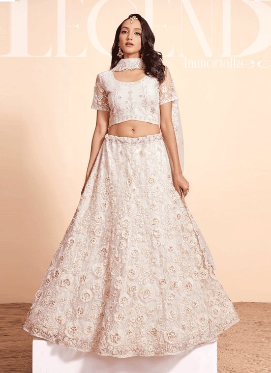 Cream Net Embroidered Designer Lehenga Choli