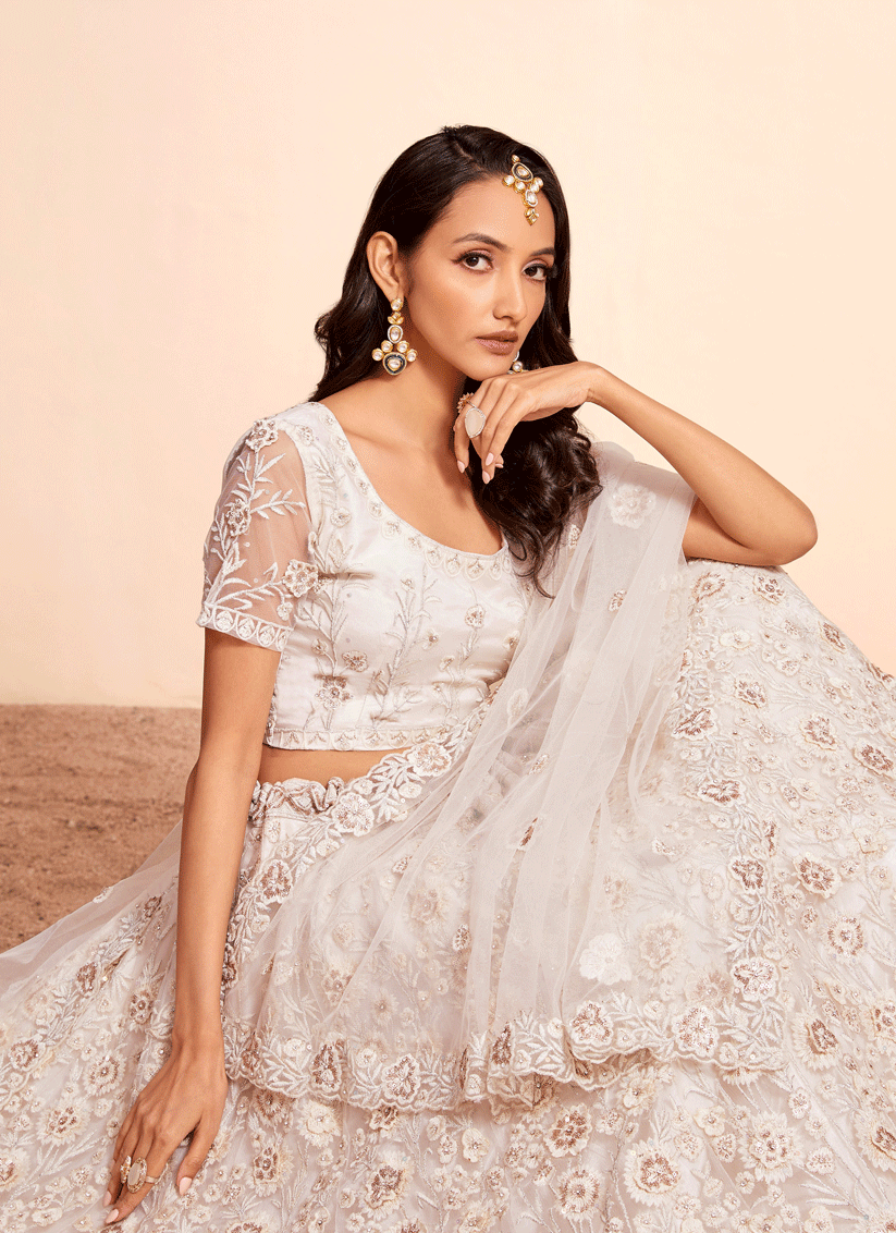 Cream Net Embroidered Designer Lehenga Choli