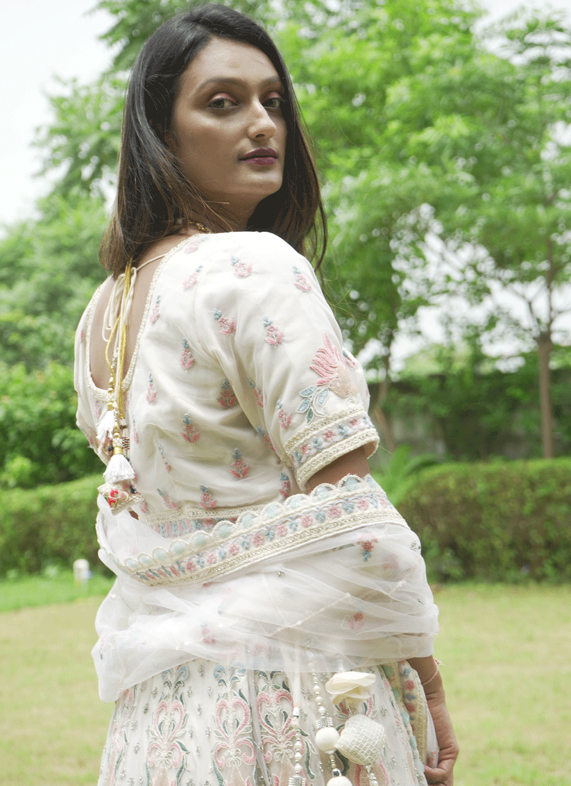 Ivory Net Heavy Thread Embroidered   Designer Lehenga Choli