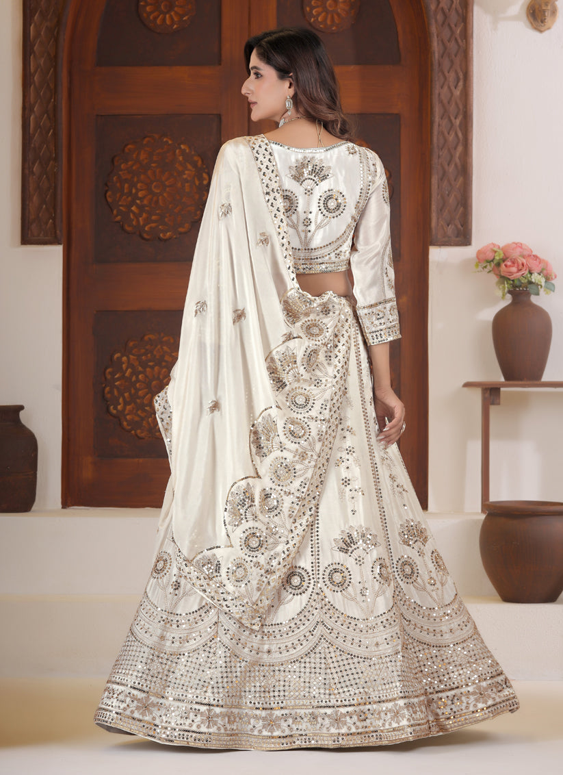 Designer Ivory White Chinnon Silk Lehenga Choli with Intricate Sequin & Zari Detailing