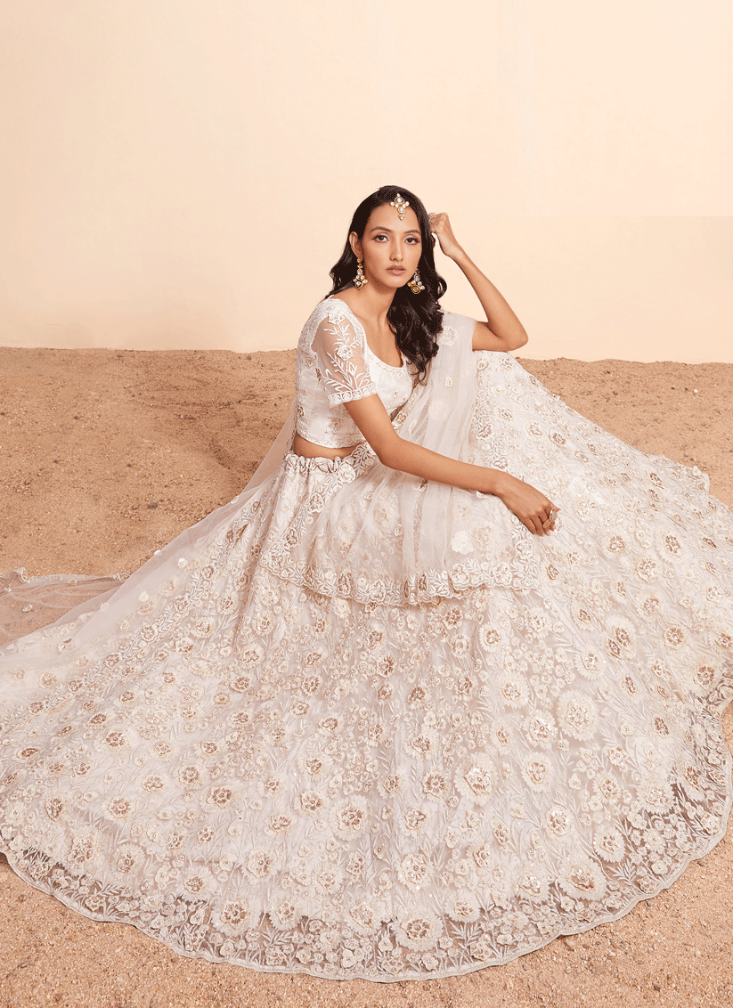 Cream Net Embroidered Designer Lehenga Choli
