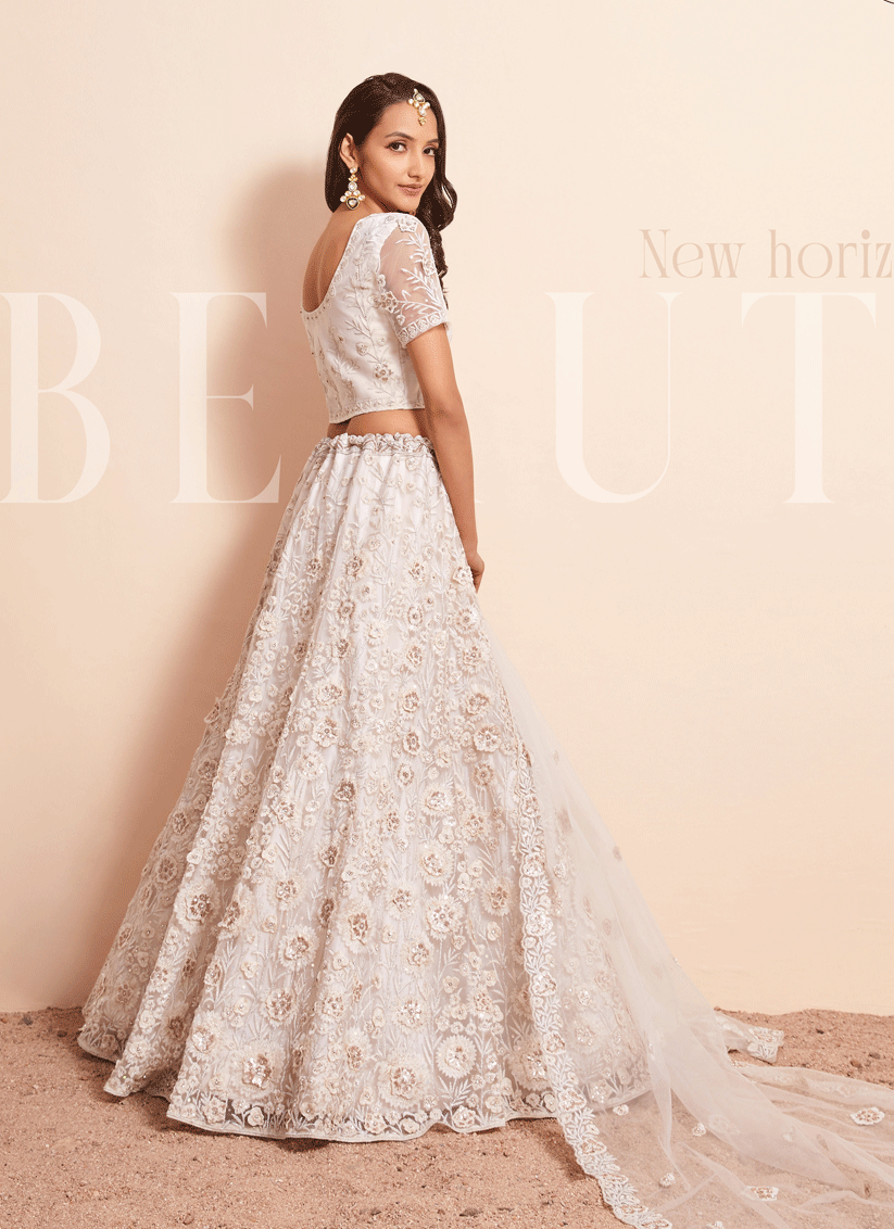 Cream Net Embroidered Designer Lehenga Choli