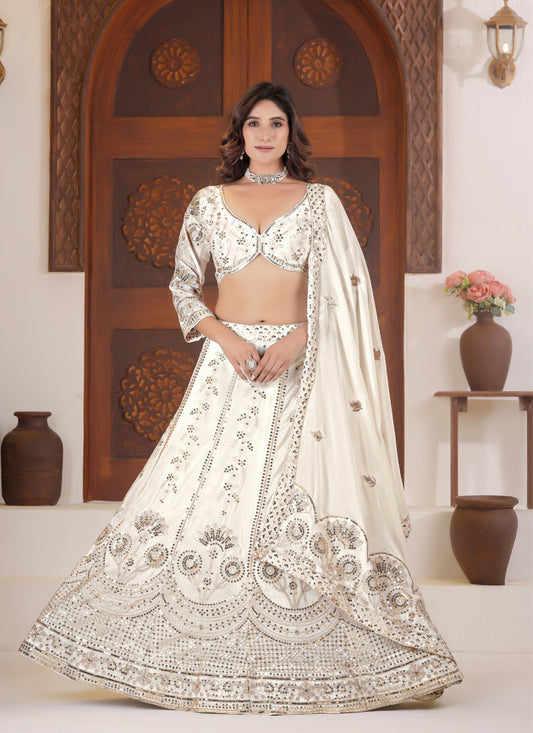 Designer Ivory White Chinnon Silk Lehenga Choli with Intricate Sequin & Zari Detailing